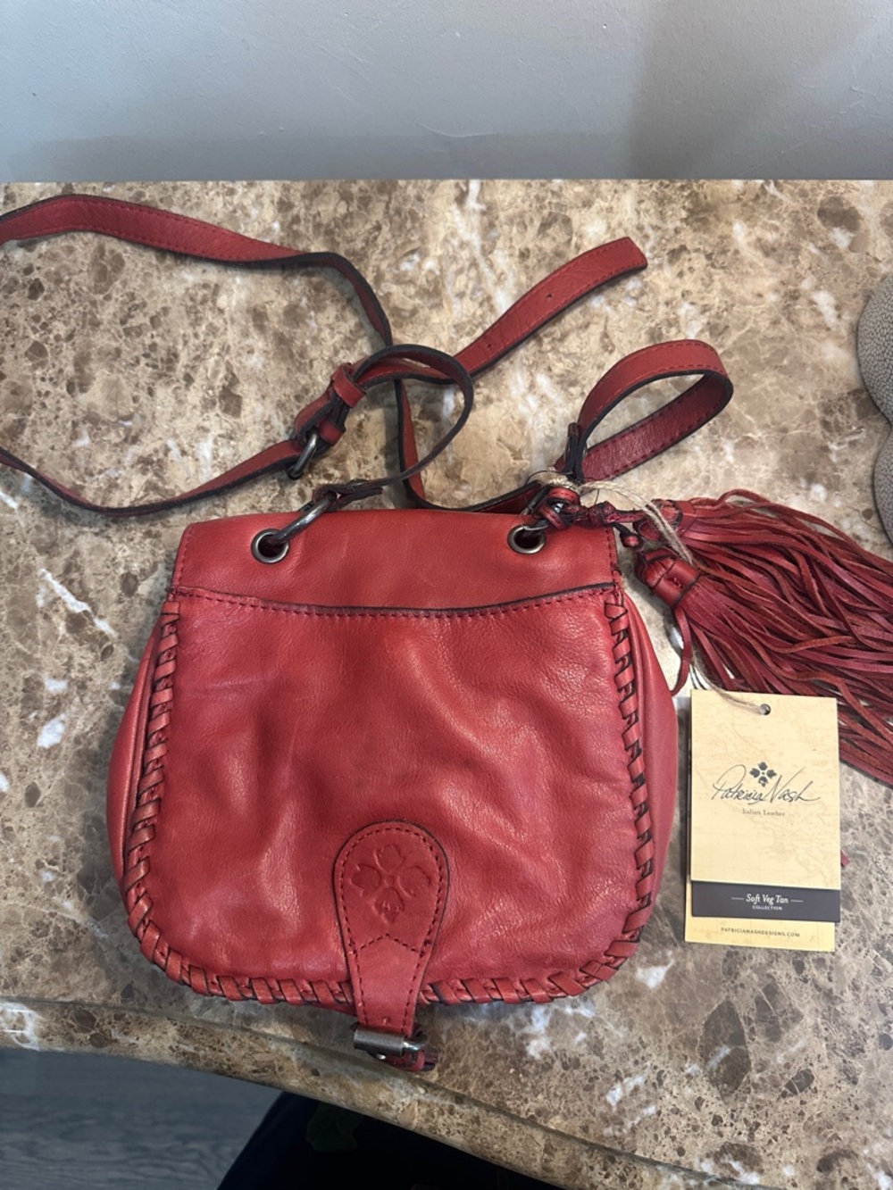 Patricia Nash Red Leather Whipstitch Crossbody with Tassel